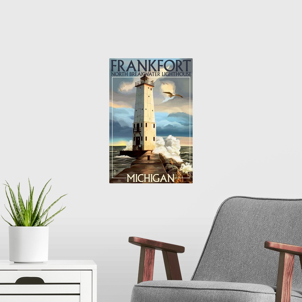 A modern room featuring Retro stylized art poster of a lighthouse in a rocky coast, overlooking the ocean.