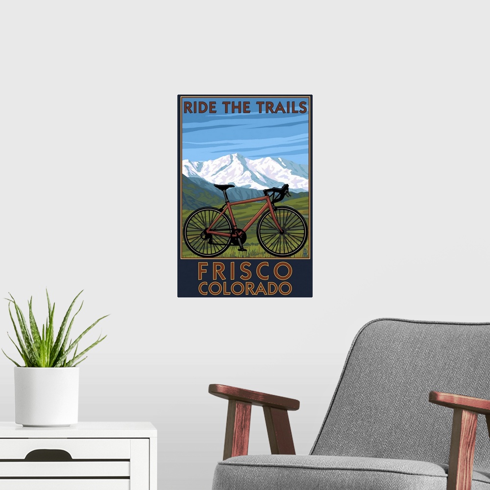 A modern room featuring Frisco, Colorado - Mountain Bike and Mountains: Retro Travel Poster
