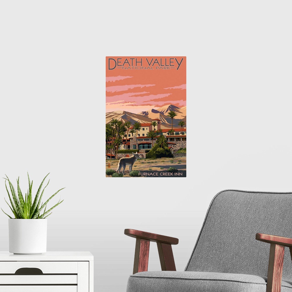 A modern room featuring A retro sylized art poster of a desert resort built at the foot of a mountain and a coyote standi...