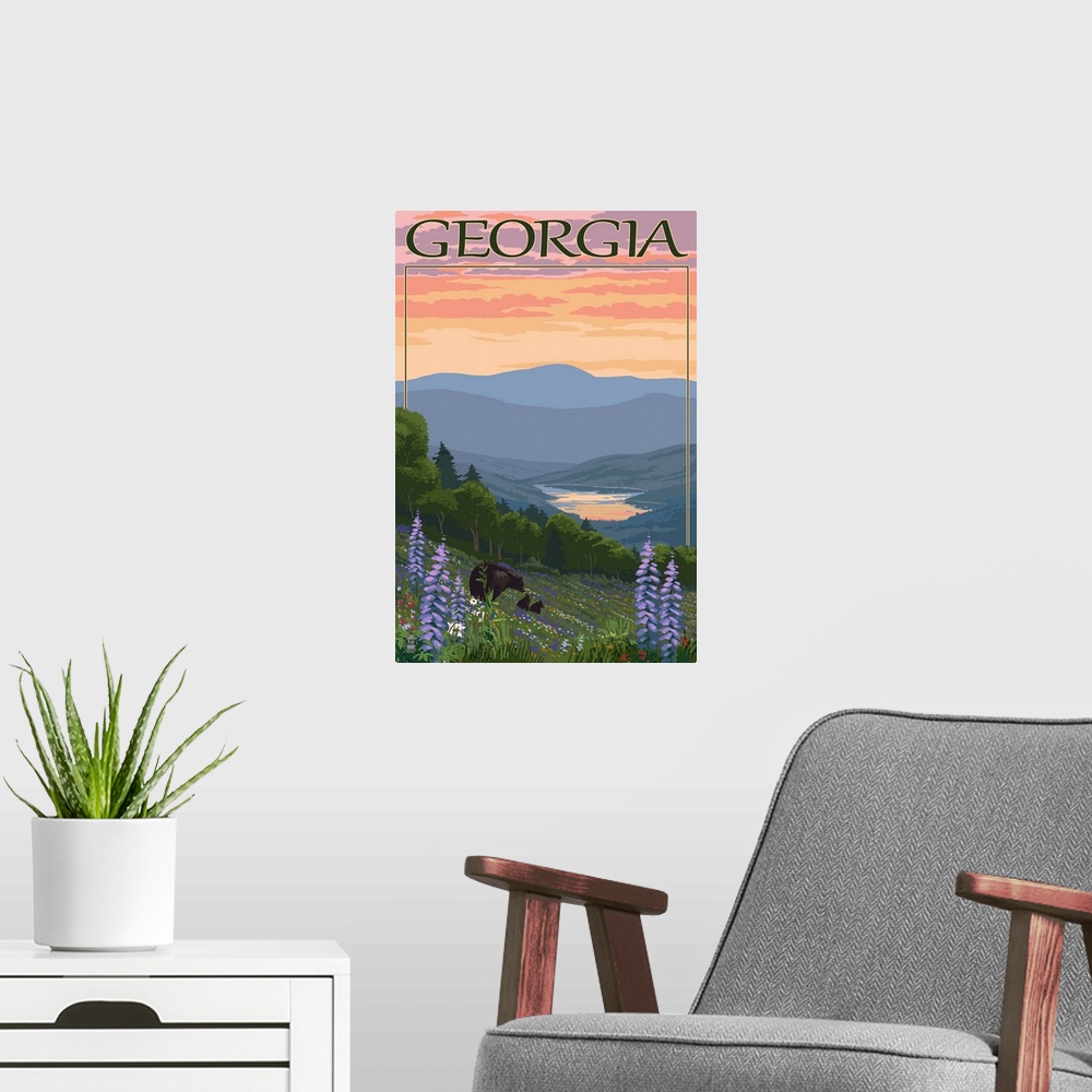 A modern room featuring Georgia - Bears and Spring Flowers: Retro Travel Poster