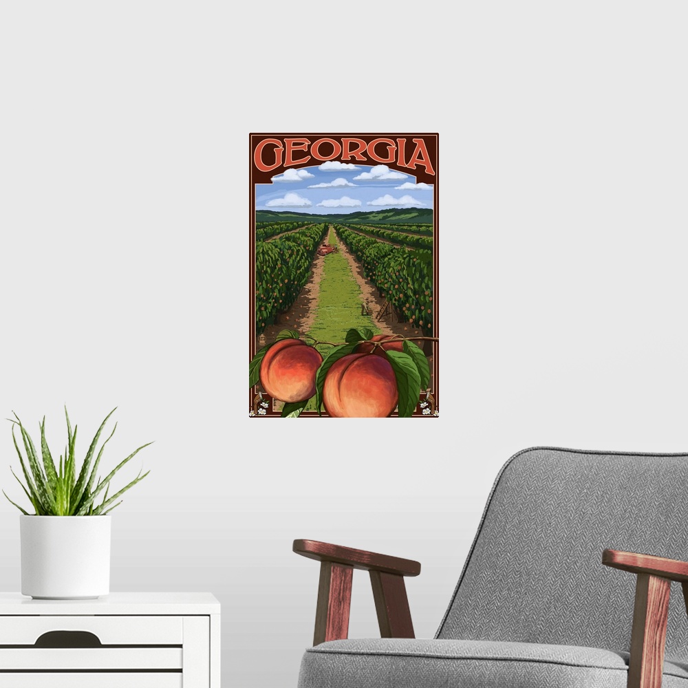A modern room featuring Georgia - Peach Orchard Scene: Retro Travel Poster