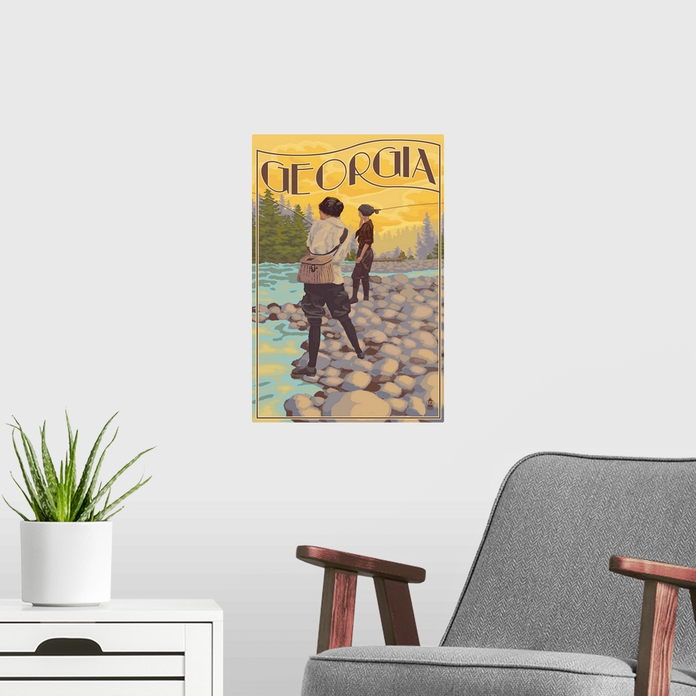 A modern room featuring Retro stylized art poster of two women by a river fly fishing.