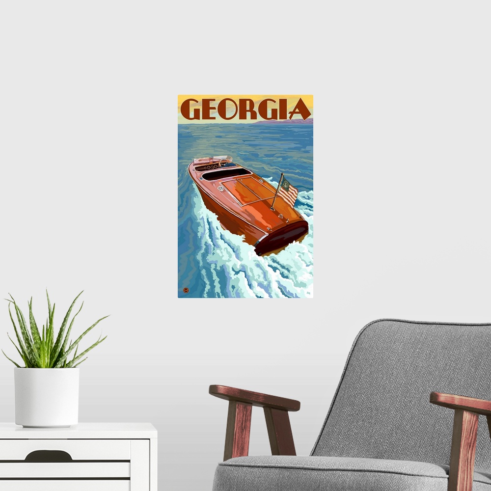 A modern room featuring Retro stylized art poster of a wooden speed boat on the water.