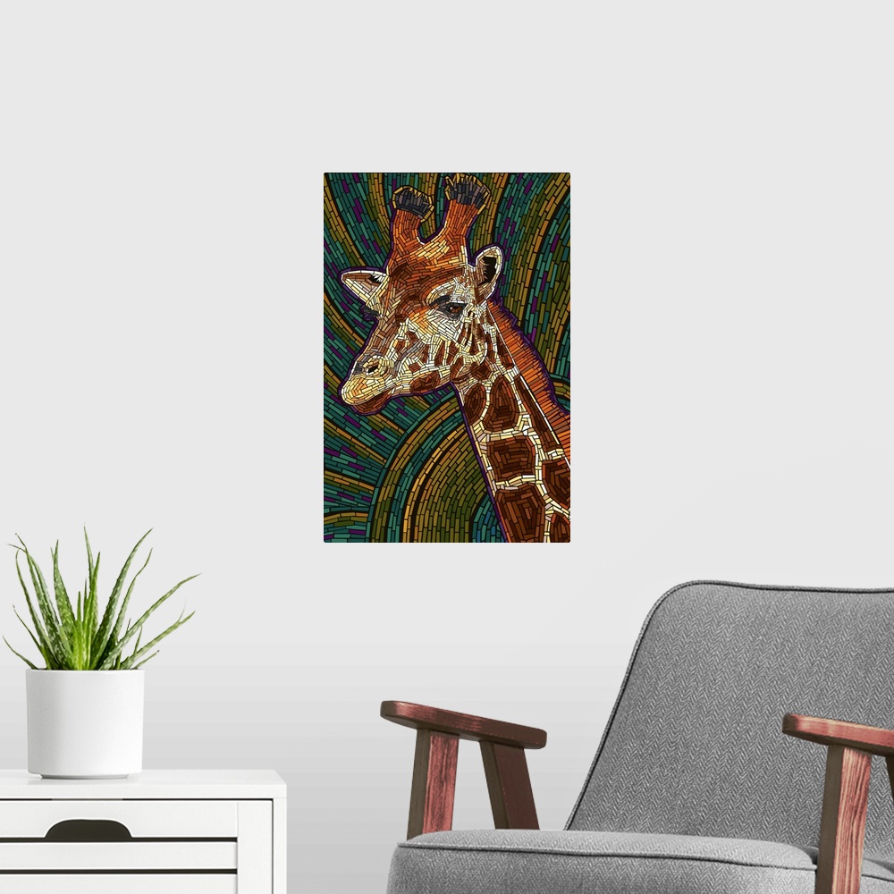 A modern room featuring Giraffe - Paper Mosaic: Retro Art Poster