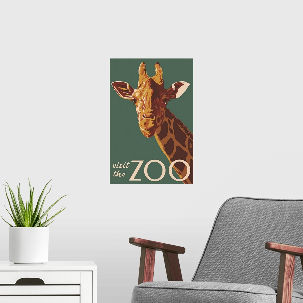 A modern room featuring Giraffe Up Close - Visit the Zoo: Retro Travel Poster