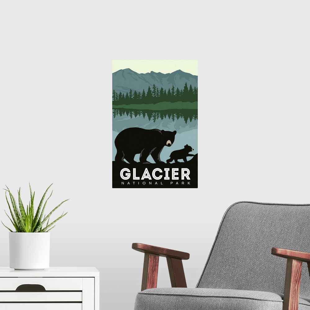A modern room featuring Glacier National Park, Bear And Cub: Graphic Travel Poster