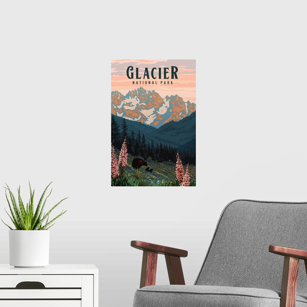 A modern room featuring Glacier National Park, Bear and Cubs: Retro Travel Poster