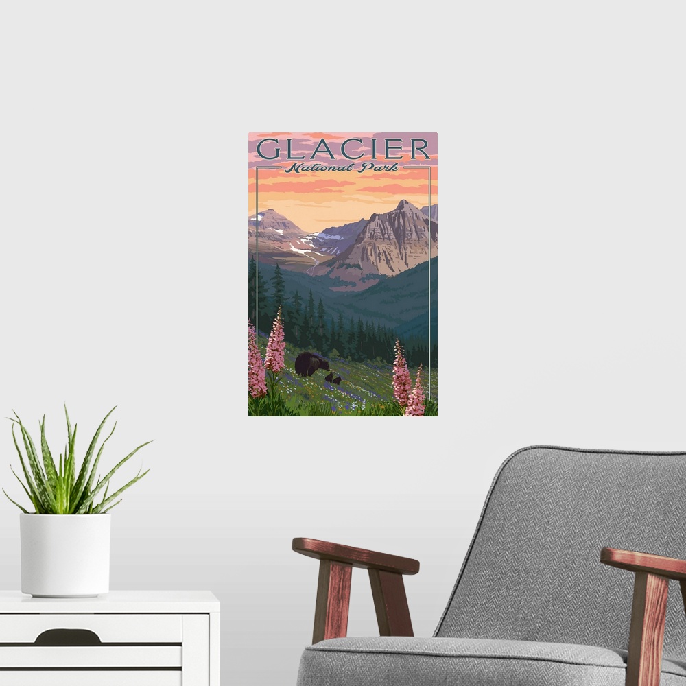 A modern room featuring Glacier National Park, Bear & Cubs: Retro Travel Poster