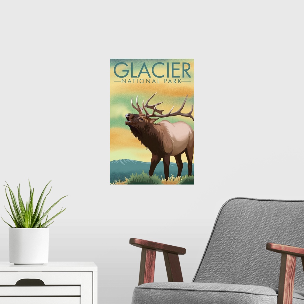 A modern room featuring Glacier National Park, Deer Bellowing: Retro Travel Poster