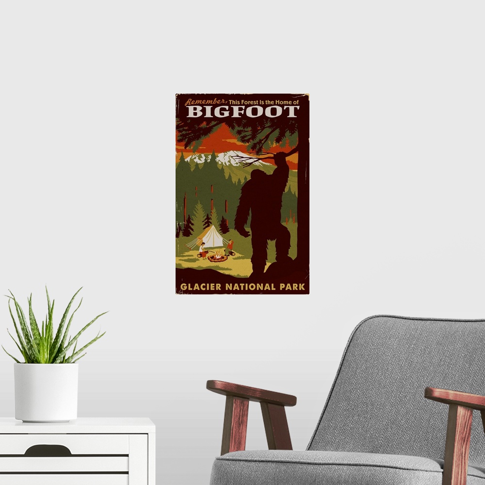 A modern room featuring Glacier National Park, Montana - Home of Bigfoot