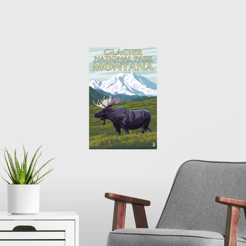 A modern room featuring Glacier National Park, Montana, Moose and Mountain