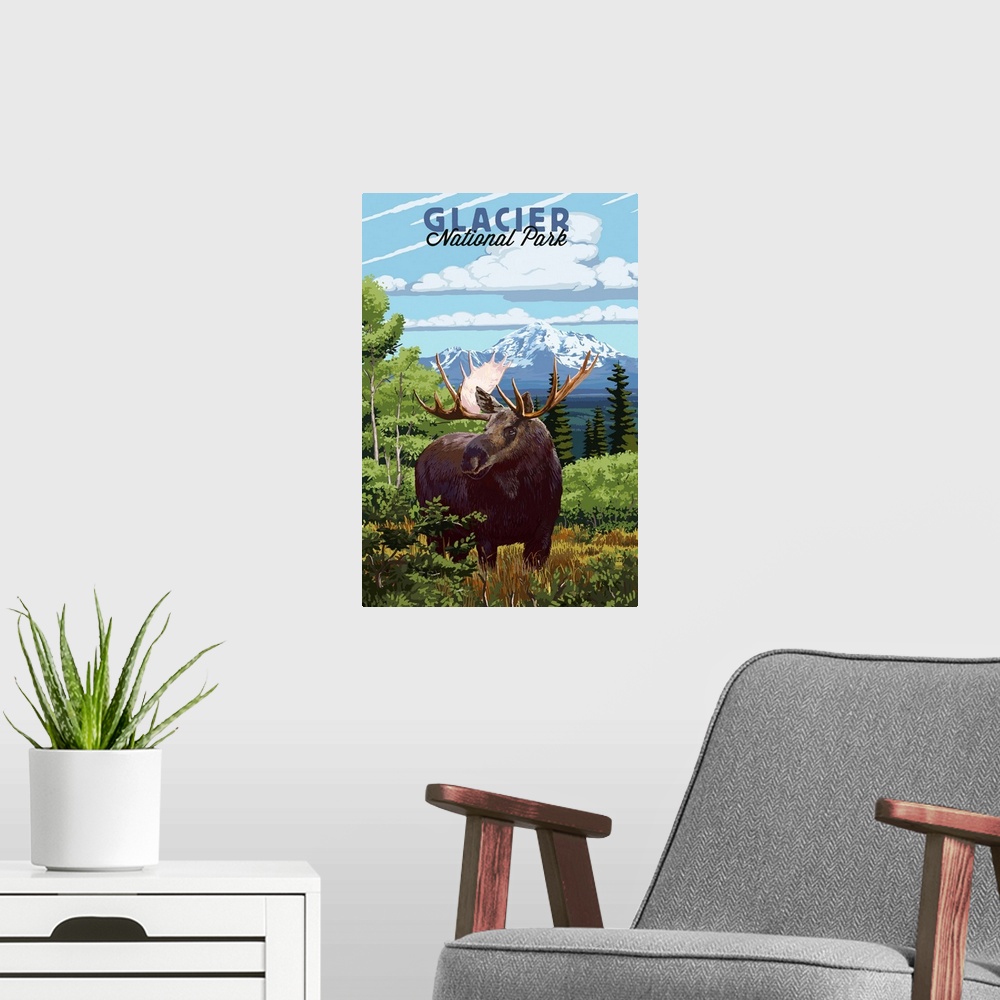 A modern room featuring Glacier National Park, Moose: Retro Travel Poster