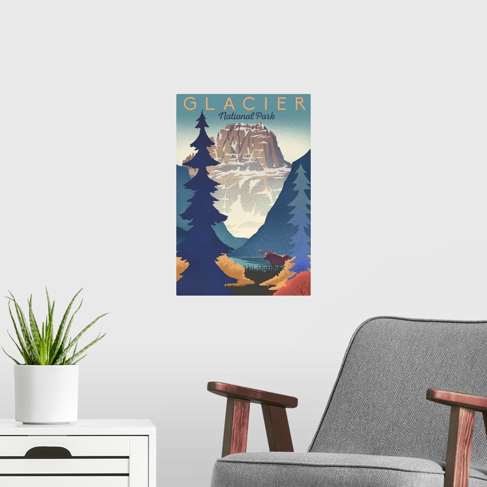 A modern room featuring Glacier National Park, Natural Landscape: Retro Travel Poster