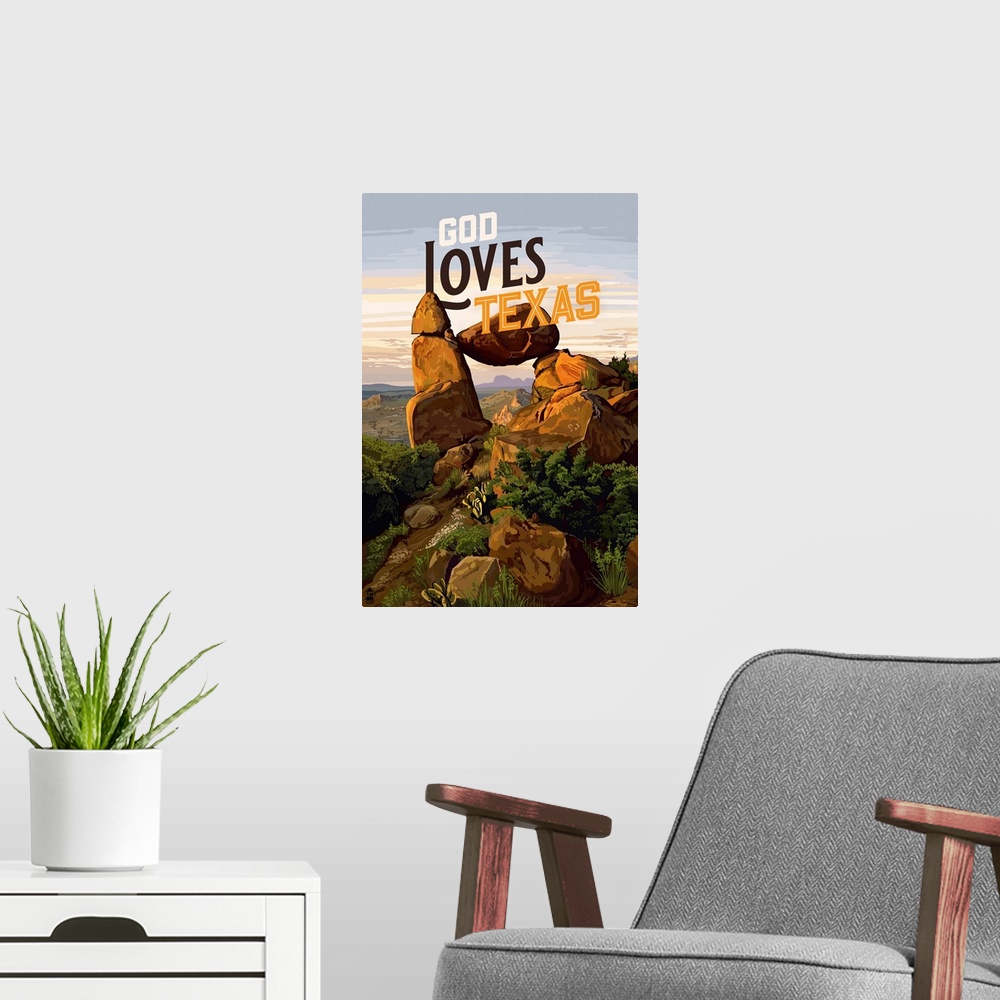 A modern room featuring God Loves Texas - Big Bend National Park