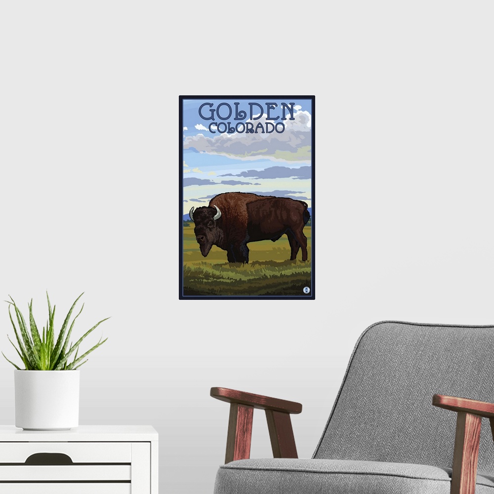 A modern room featuring Golden, Colorado - Bison Scene: Retro Travel Poster