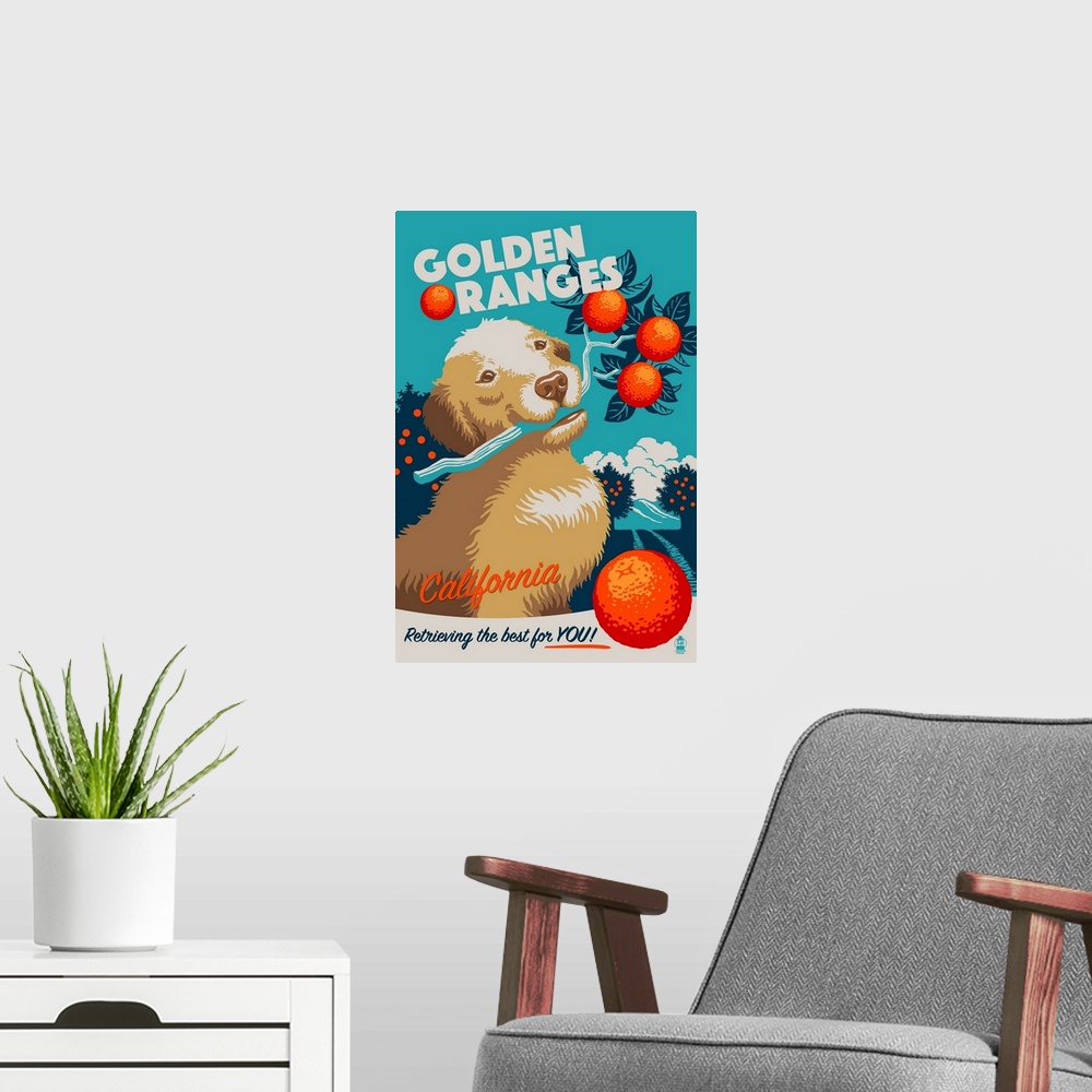 A modern room featuring Golden Retriever California Oranges, Retro Ad
