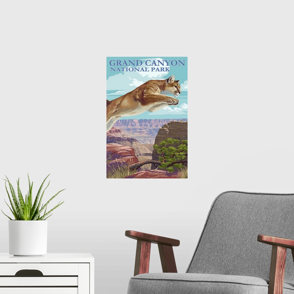 A modern room featuring Retro stylized art poster of a mountain lion leaping into the air, with a vast canyon in the back...