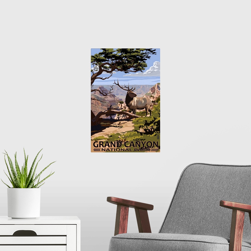 A modern room featuring Retro stylized art poster of a large deer standing in front of the Grand Canyon.