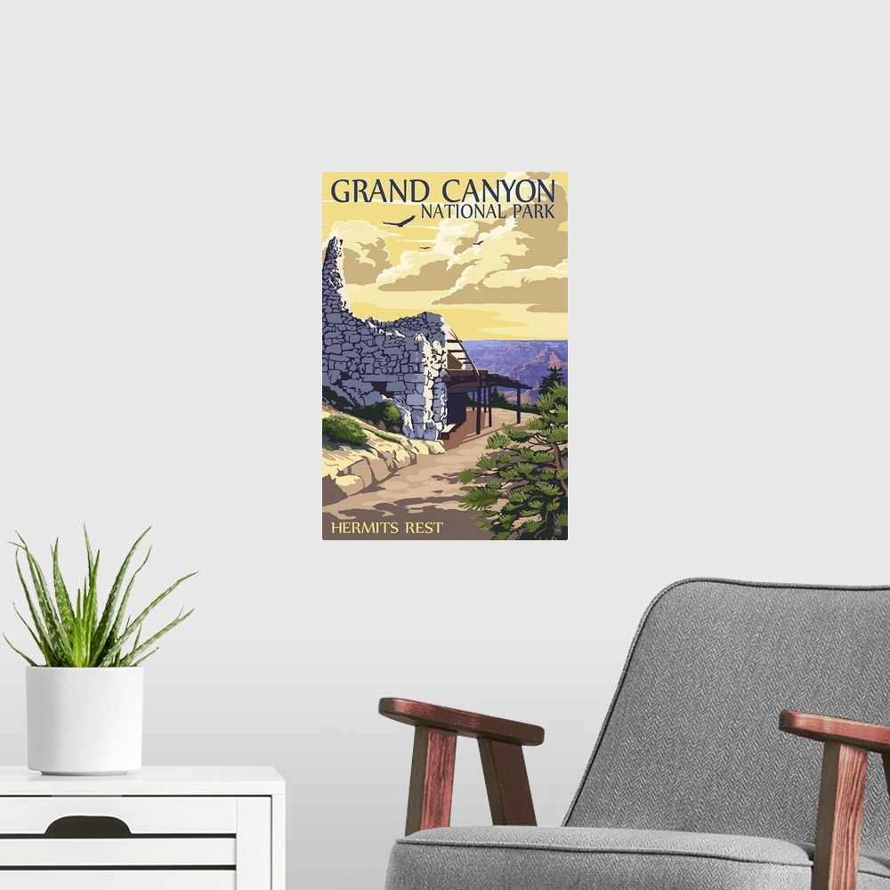 A modern room featuring Retro stylized art poster of an old shelter made of stone. Overlooking a massive canyon.