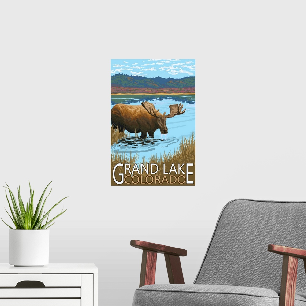 A modern room featuring Retro stylized art poster of a moose standing in a stream drinking, with mountains in the backgro...