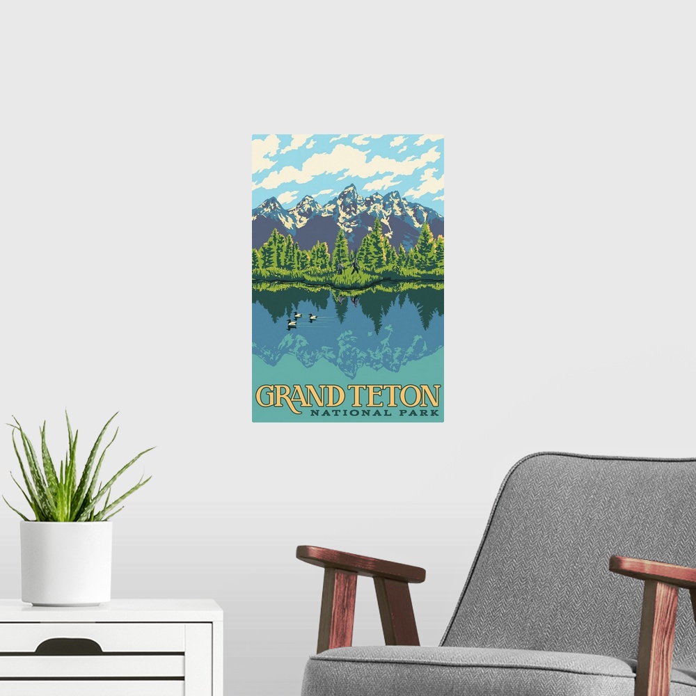A modern room featuring Grand Teton National Park, Hiking In Wilderness: Graphic Travel Poster
