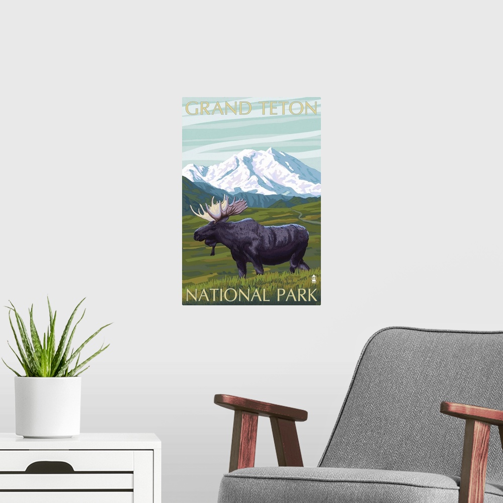 A modern room featuring Grand Teton National Park - Moose and Mountain: Retro Travel Poster