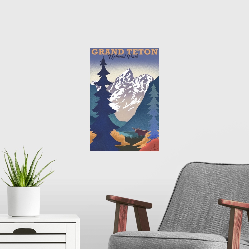 A modern room featuring Grand Teton National Park, Natural Landscape: Retro Travel Poster
