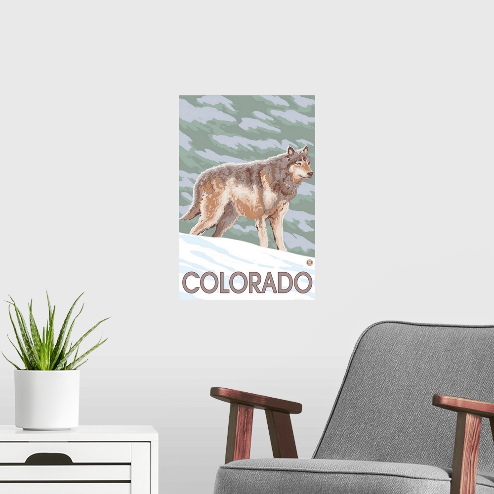 A modern room featuring Gray Wolf Standing - Colorado: Retro Travel Poster