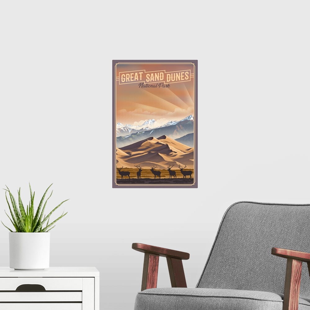 A modern room featuring Great Sand Dunes National Park, Deer Silhouettes: Retro Travel Poster