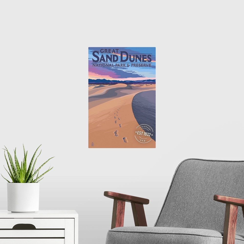 A modern room featuring Great Sand Dunes National Park, Footprints: Retro Travel Poster