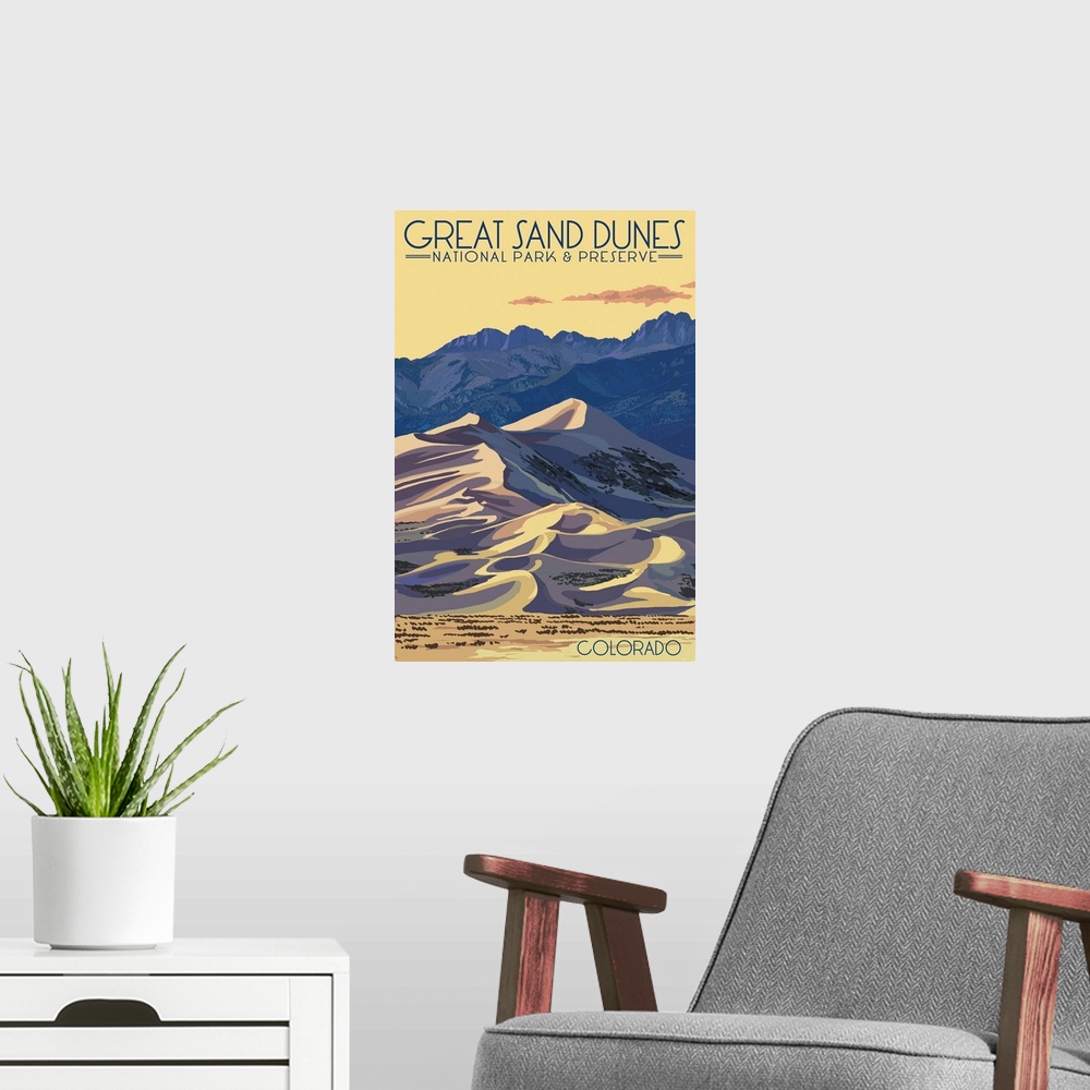 A modern room featuring Great Sand Dunes National Park, Natural Landscape: Retro Travel Poster
