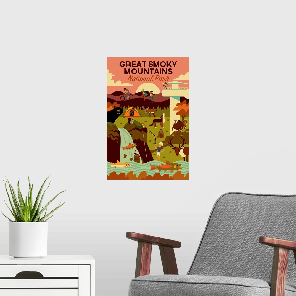 A modern room featuring Great Smoky Mountains National Park, Adventure: Graphic Travel Poster