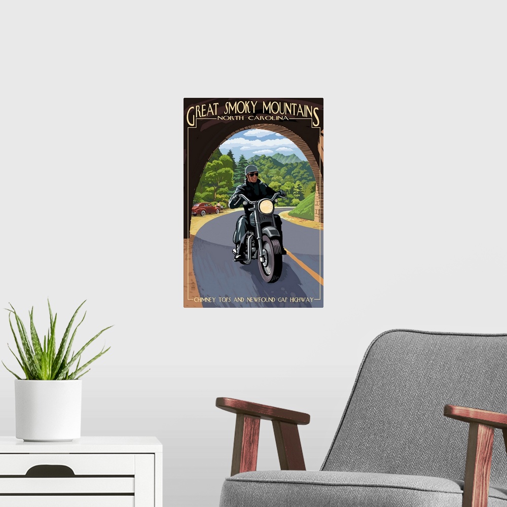 A modern room featuring Great Smoky Mountains, North Carolina - Motorcycle and Tunnel: Retro Travel Poster