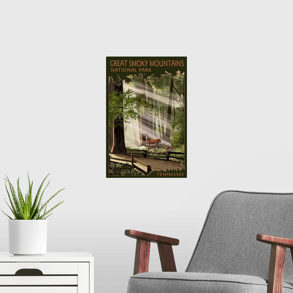 A modern room featuring Great Smoky Mountains, Tennessee - Pathway in Trees: Retro Travel Poster