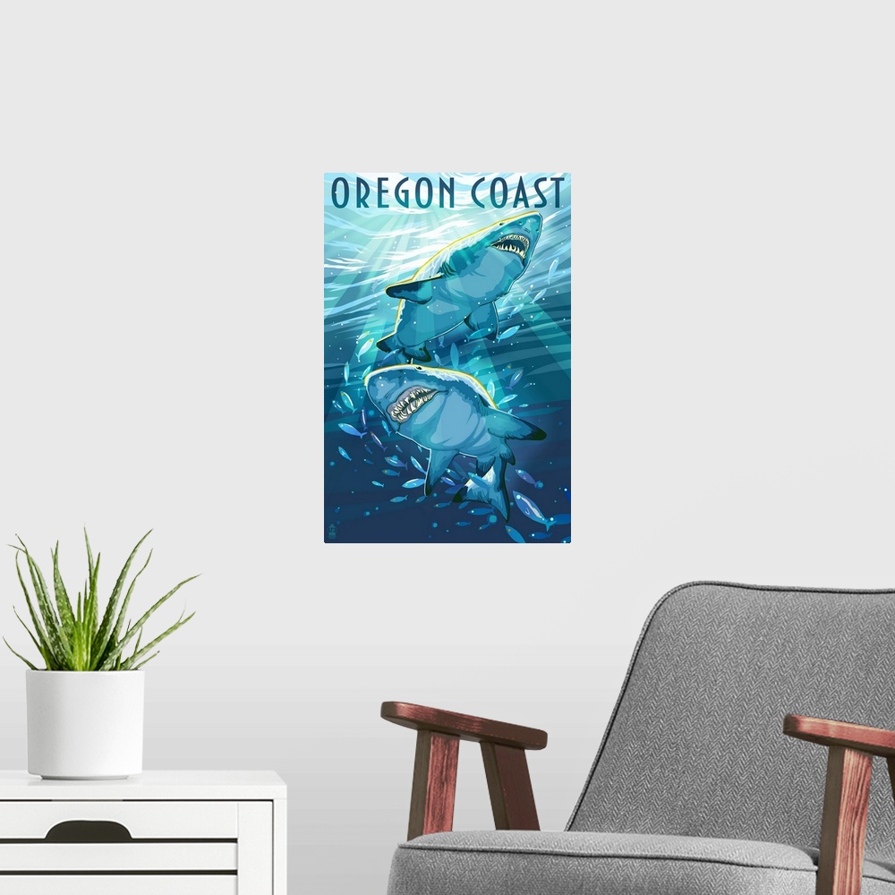 A modern room featuring Great White Shark - Oregon Coast: Retro Travel Poster
