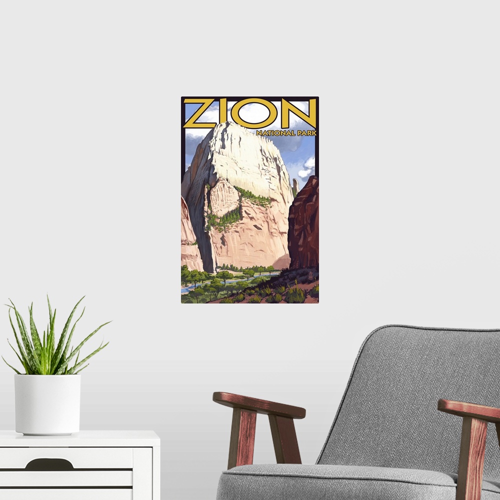 A modern room featuring Great White Throne - Zion: Retro Travel Poster