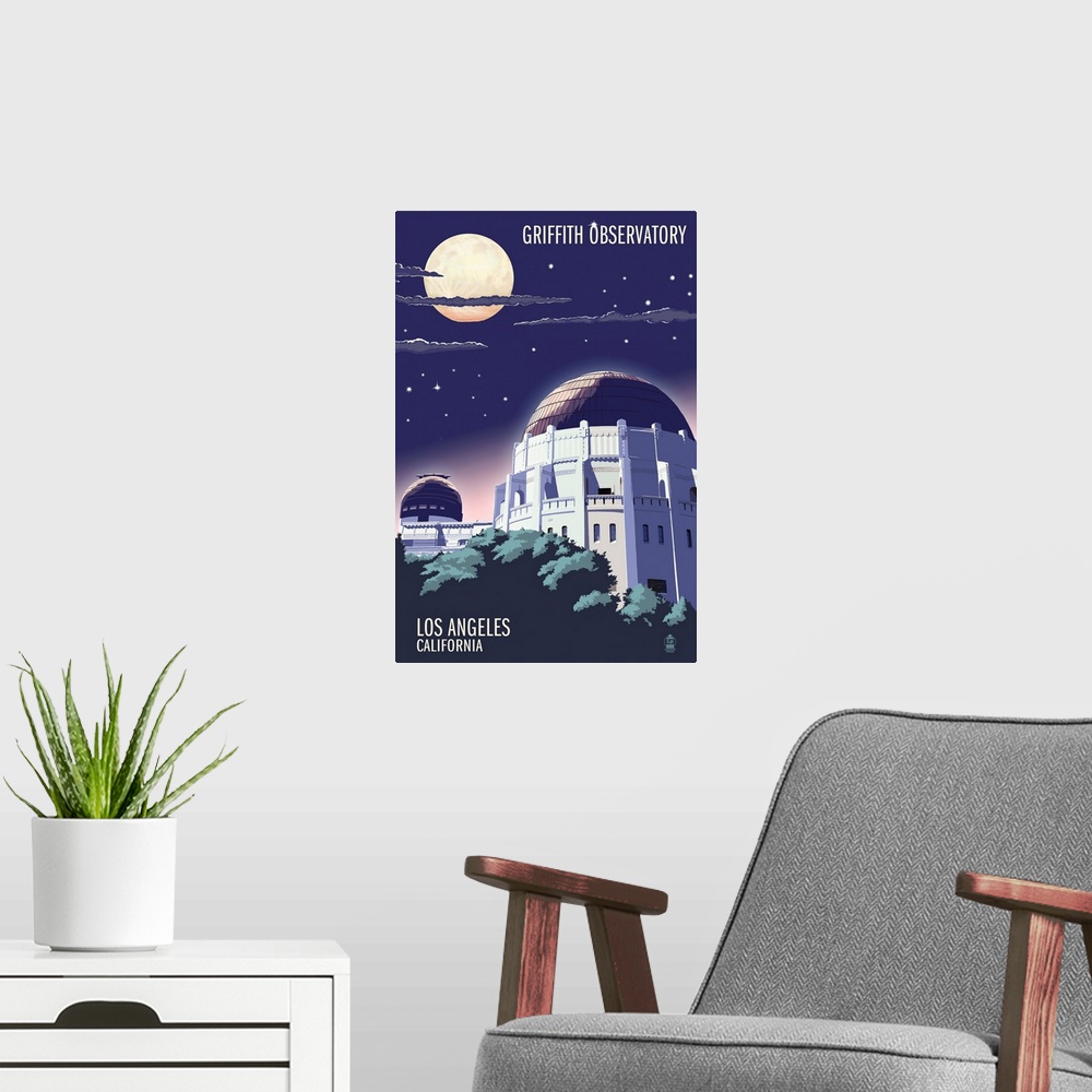 A modern room featuring Griffith Observatory at Night - Los Angeles, California: Retro Travel Poster
