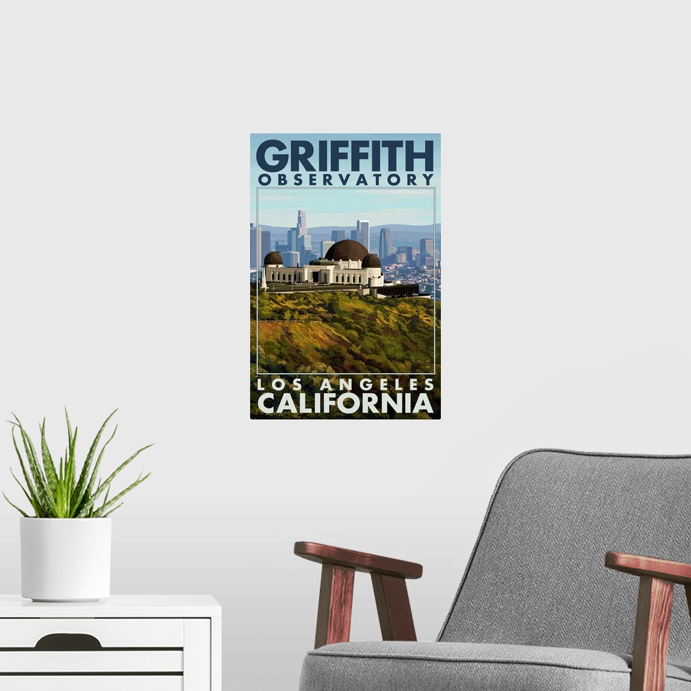 A modern room featuring Griffith Observatory Day Scene - Los Angeles, California: Retro Travel Poster