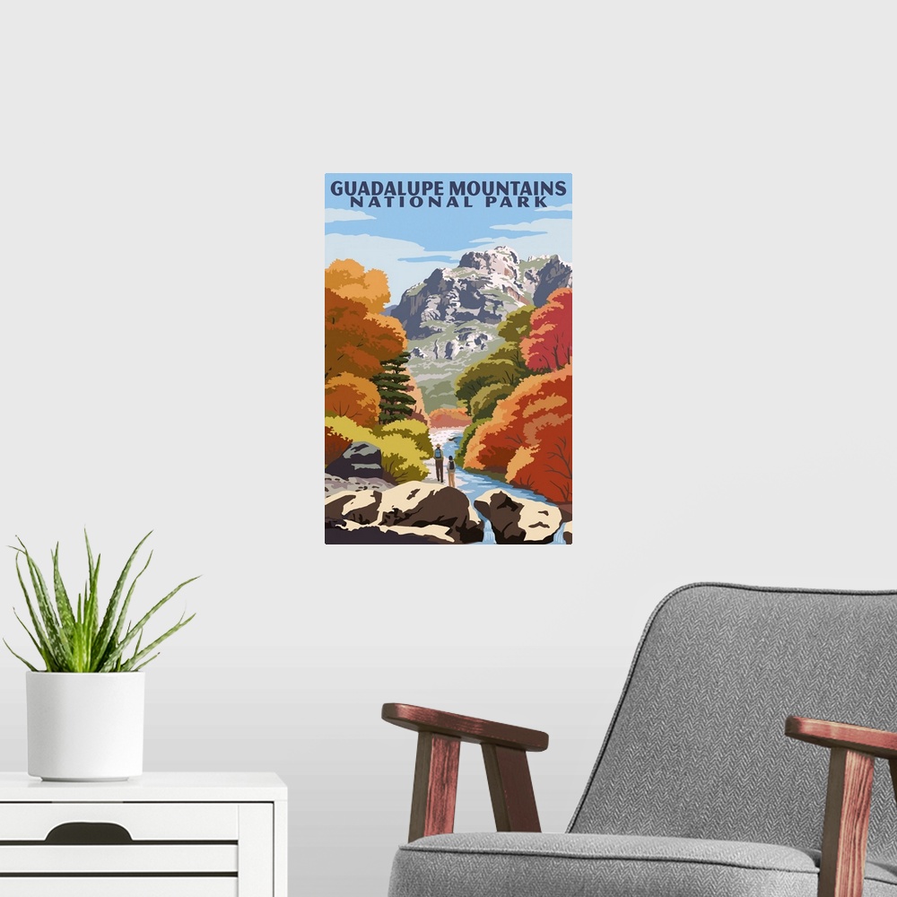 A modern room featuring Guadalupe Mountains National Park, Fall Hike: Retro Travel Poster