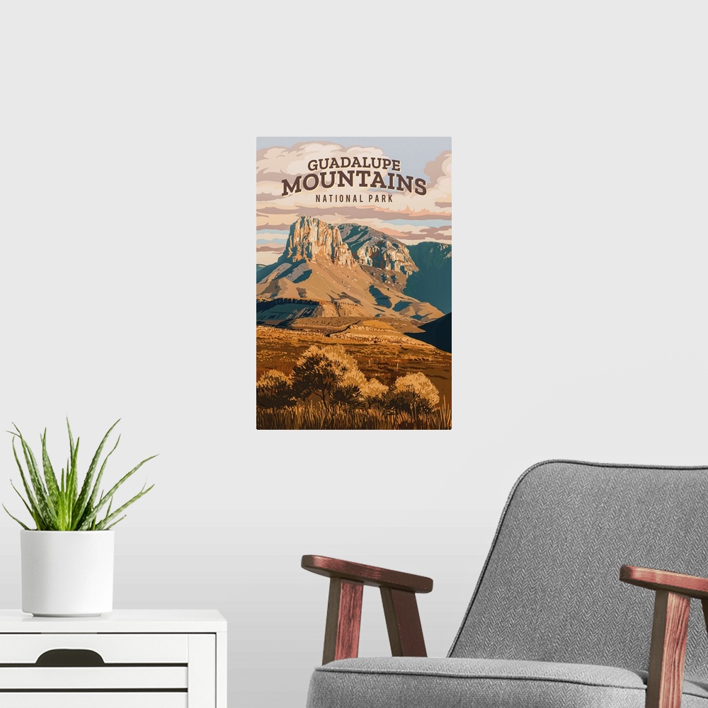A modern room featuring Guadalupe Mountains National Park, Guadalupe Peak: Retro Travel Poster