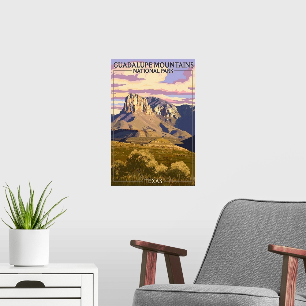 A modern room featuring Guadalupe Mountains National Park, Guadalupe Peak: Retro Travel Poster