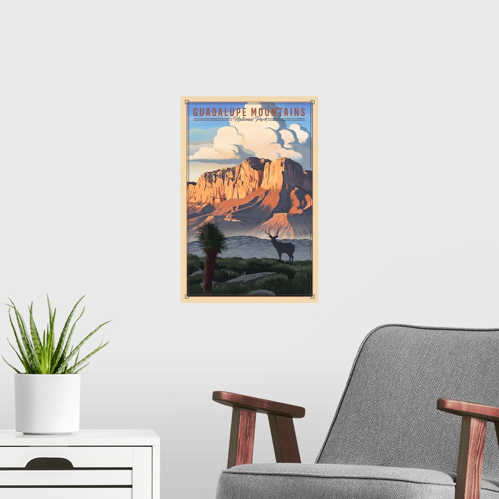 A modern room featuring Guadalupe Mountains National Park, Sunrise On Mountainscape: Retro Travel Poster