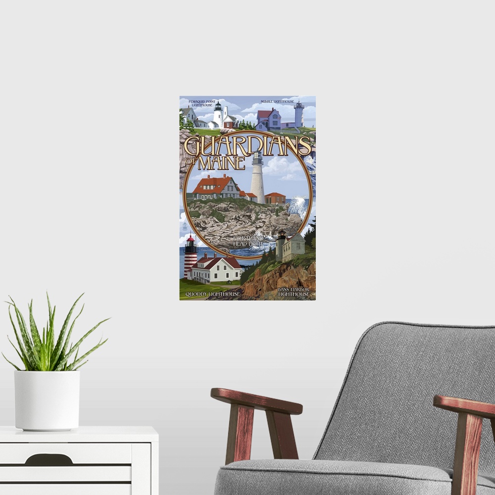 A modern room featuring Guardians of Maine (Portland Head Lighthouse Center): Retro Travel Poster