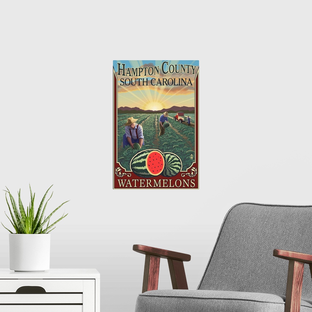 A modern room featuring Hampton County, South Carolina - Watermelon Field: Retro Travel Poster