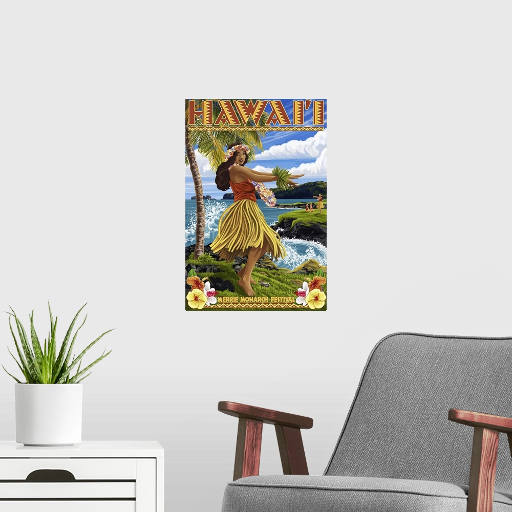 A modern room featuring Hawaii Hula Girl on Coast - Merrie Monarch Festival: Retro Travel Poster