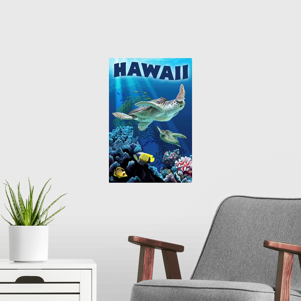A modern room featuring Hawaii - Sea Turtles Swimming