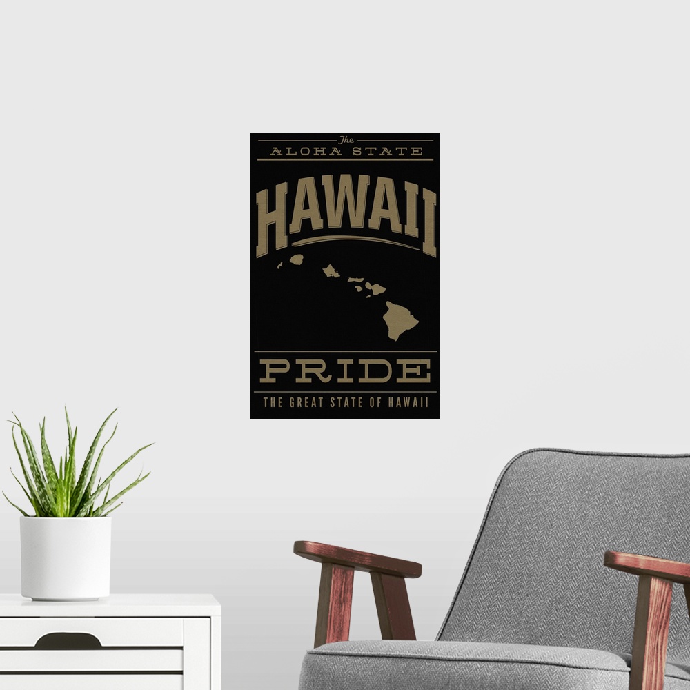 A modern room featuring The Hawaii state outline on black with gold text.