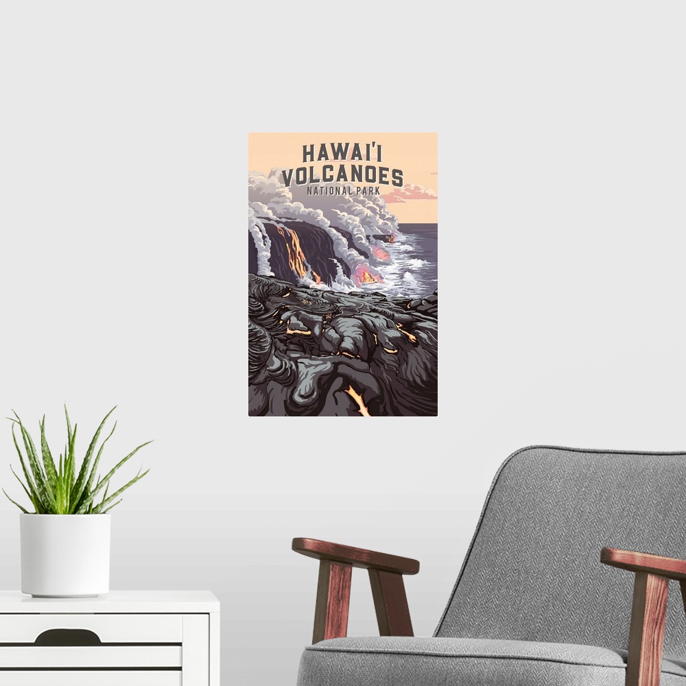 A modern room featuring Hawaii Volcanoes National Park, Lava Cooling: Retro Travel Poster