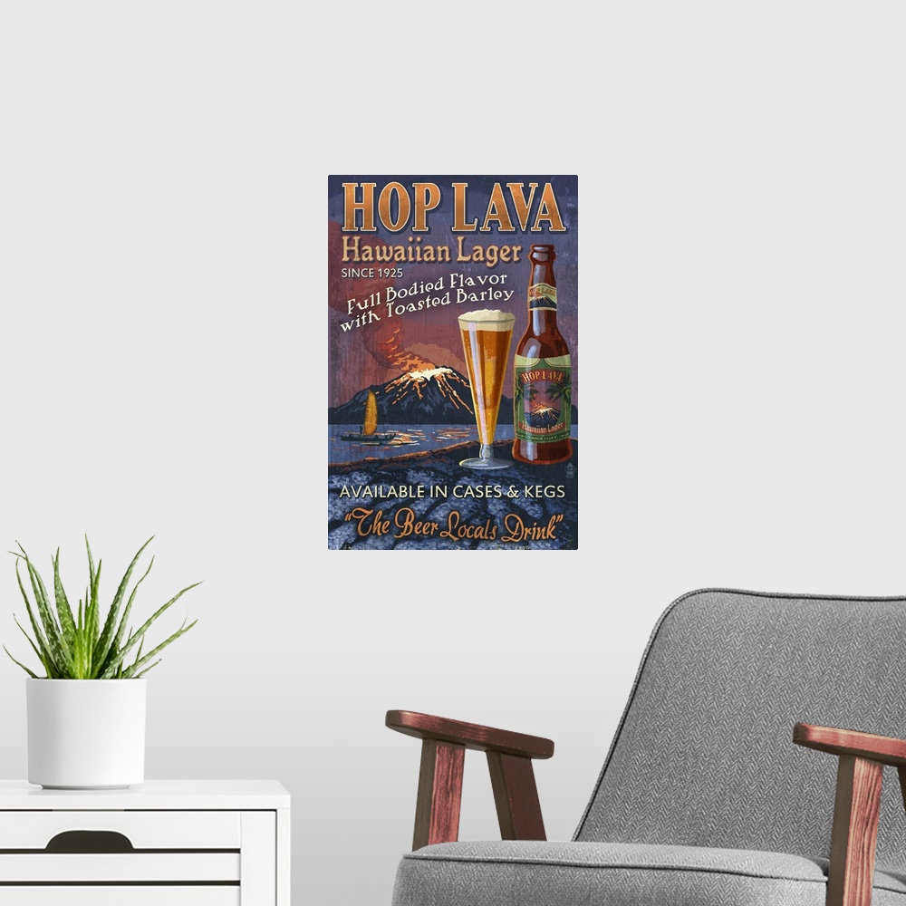 A modern room featuring Hawaiian Hop Lava Lager Vintage Sign: Retro Travel Poster