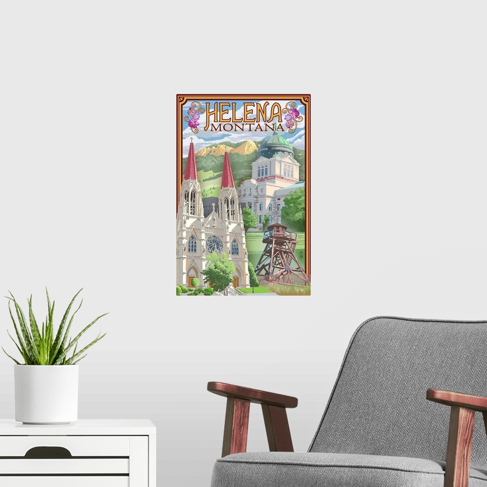 A modern room featuring Helena, Montana - Town Views: Retro Travel Poster